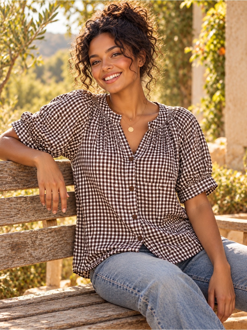 Cloth & Stone Brown & White Gingham Puff Sleeve Blouse Medium